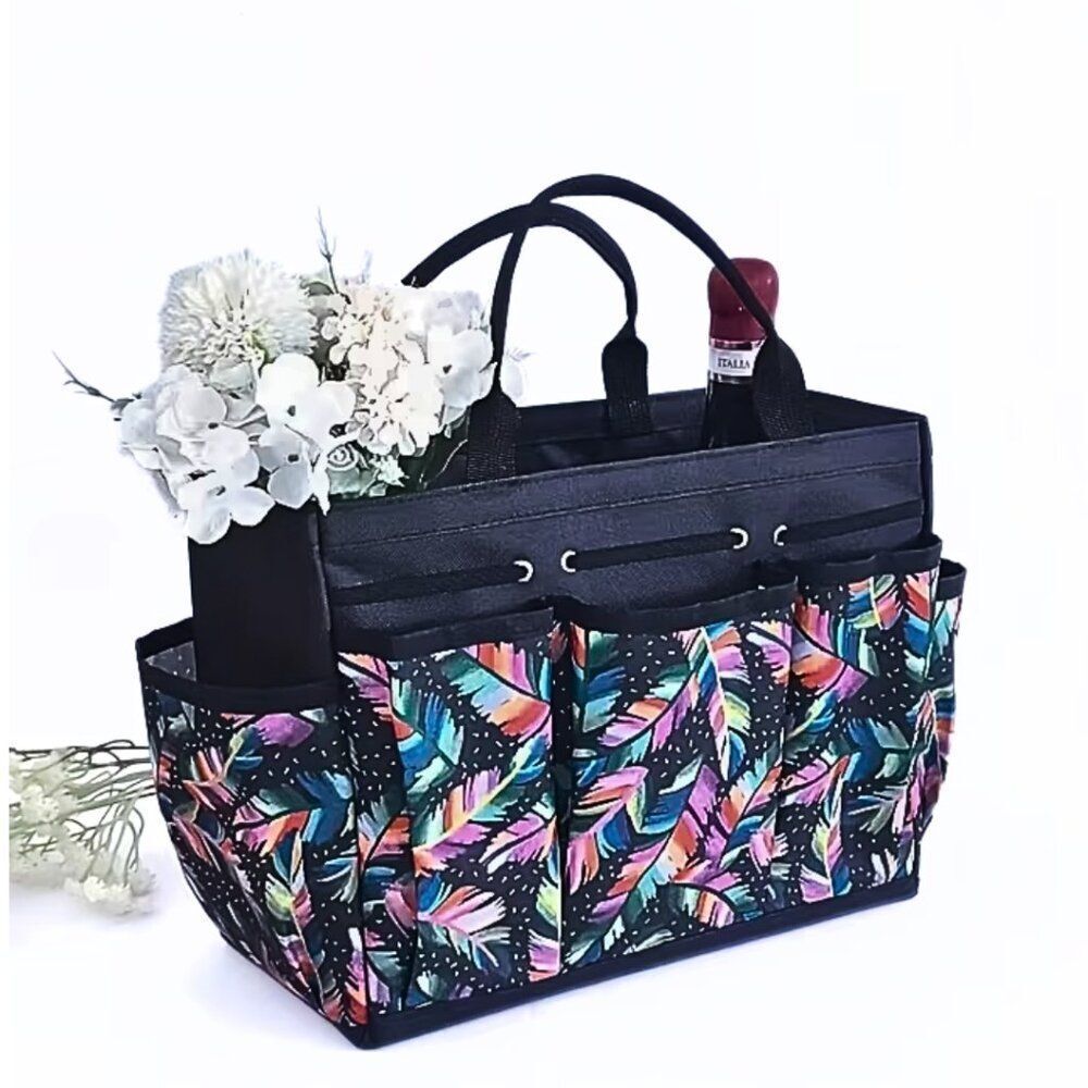 Multi-Color Feather Print Black Tote Bag Home Organizer Multiple Pockets
